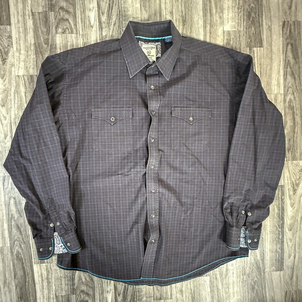 Panhandle Rough Stock Long Sleeve Western Snap Shirt Mens Black Grid Cotton